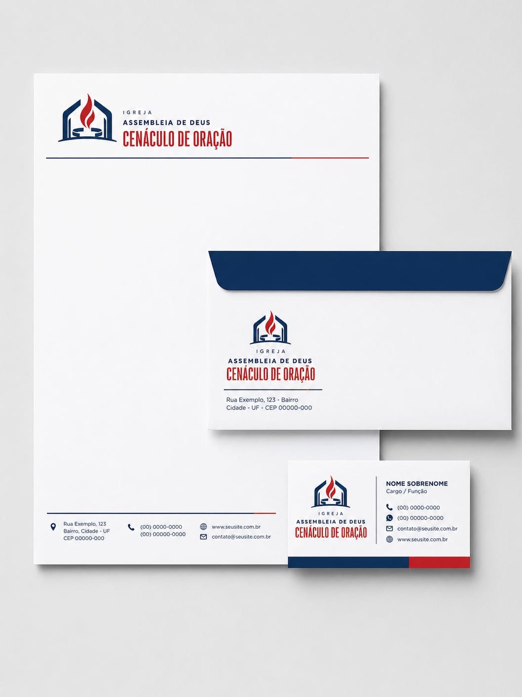 Papelaria completa — folha timbrada, envelope e cartão de visita